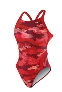 NIKE Techno Camo Fast Back Team Red Bathing 1pc Swim Suit NEW Girls 5 Chest 20 - Picture 1 of 4