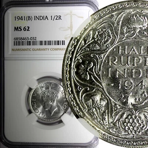 India-British George VI Silver 1941 (B) 1/2 Rupee Bombay NGC MS62 KM# 551 (032) - Picture 1 of 5