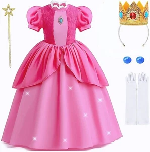 Prinzessin Peach Kostüm Pfirsich Mädchen Kleider Glanz Kinder Karneval Party F28 - Bild 1 von 3