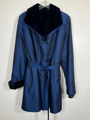 ¡AZUL! Impermeable ESQUILADO Piel Visón Forro Abrigo Cinturón Mujer Extra Grande 35" Largo Foto 1 de 4