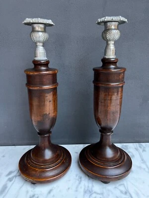 Juego de 2 candelabros vintage victorianos artesanales candelabros madera torneada Foto 1 de 4