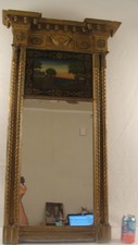 Antique 1830 Federal Gilt Wood Reverse Painted  Sunset Wall Mirror
