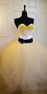 SHIRA Yellow White Lace Tulle 2pc Cropped Corset Maxi Skirt Wedding Ballgown Set