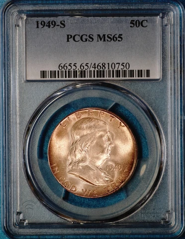 1949-S Franklin Half Dollar Silver UNC PCGS MS65, True Borderline FBL, 750 Cover