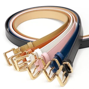 Women Alloy Pin Buckle Skinny Faux Leather Slim Waist Belt Dress Jeans Waistband - Picture 1 of 11