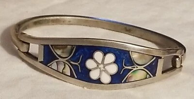 Vintage Mexico Alpaca Silver Hinged Bracelet Abalone Inlay Flower Butterfly  - Image 1 of 4