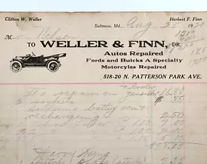 Antico garage Billhead Weller & Finn riparazione auto moto Baltimora 1920 - Foto 1 di 3