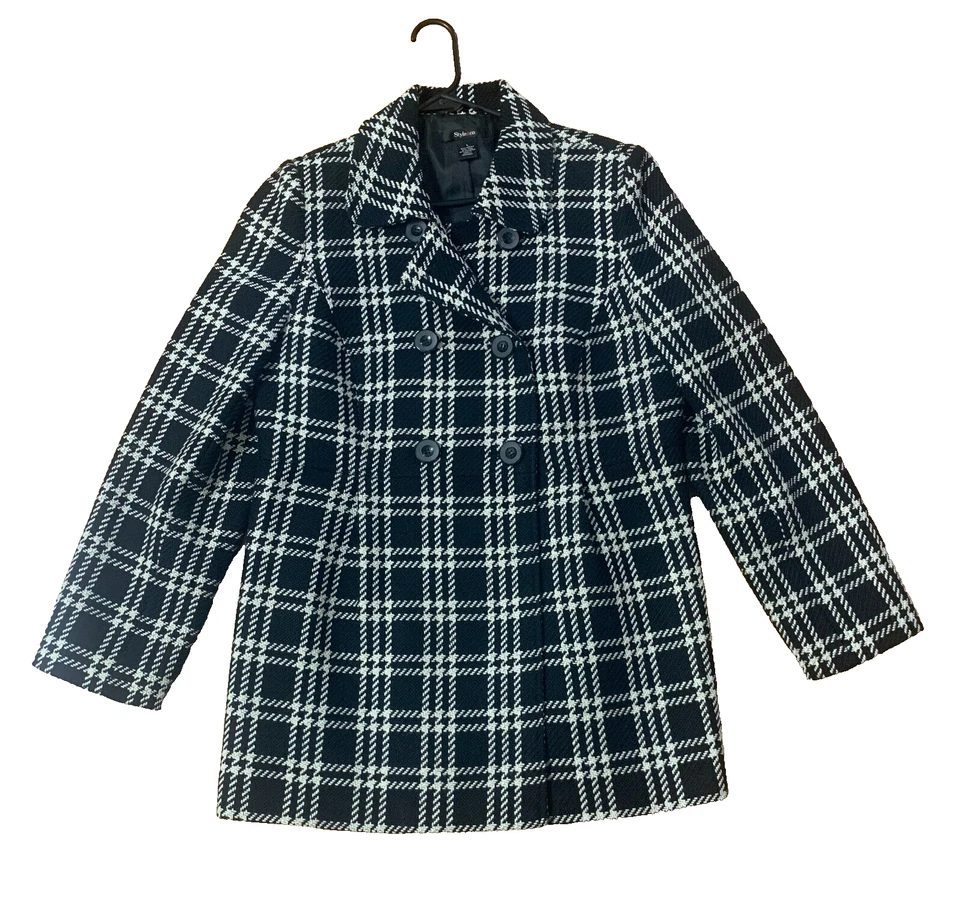 Style & Co. Plaid Wool Coat Dress Black White Winter Peacoat Women's Large - Image 1 of 4