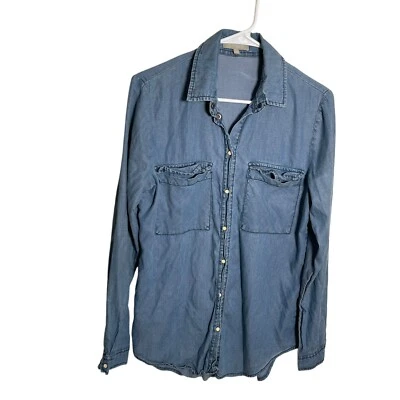 Blusa para mujer Joan Vass pequeña azul cambray cuello abotonado informal top Foto 1 de 4