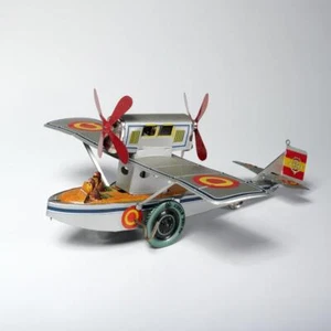 Vtg Paya Spain Tin Litho Working Windup Toy Seaplane Airplane Propeller Plane LE - Picture 1 of 12