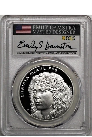 2021 P $1 Proof Silver Christa McAuliffe PCGS PR70 DCAM FDOI Damstra Signature Cover
