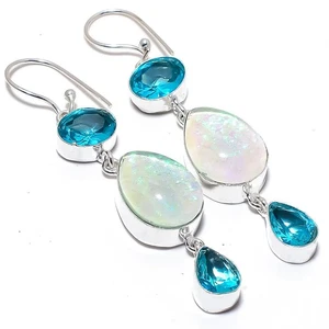 Triplet Fire Opal, Blue Topaz Gemstone 925 Sterling Silver Jewelry Earring 2.7" - Picture 1 of 5