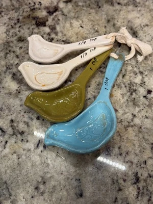 Bird Ceramic Measuring Spoons Watercolor Blue Green Cream  - Image 1 of 4