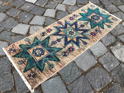 土耳其复古小地毯手工羊毛波西米亚浴垫地毯 1,0 x 2.5 英尺 — 第 1/4 张图片