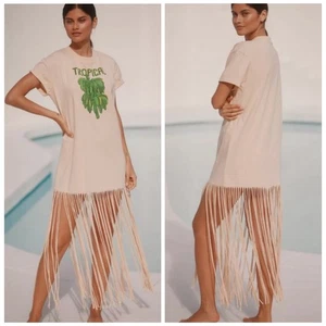 Farm Rio for Anthropologie Tropical Banana Fringe T-Shirt Dress Size M Peach - Bild 1 von 10