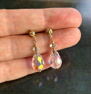Vintage 9CT 375 19K Yellow Gold AB Crystal Faceted Drop Dangle Post Earrings - Picture 1 of 11