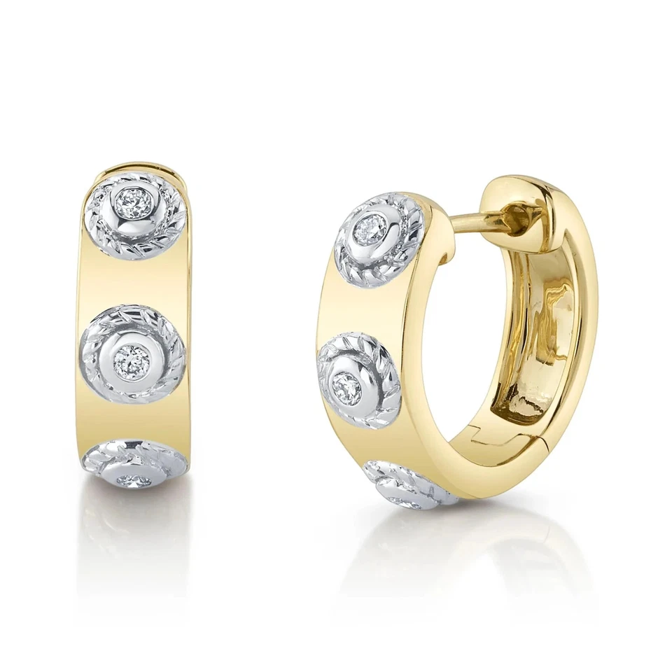 14K Two Tone Gold Diamond Bezel Huggie Earrings 0.09 CTW Natural Round Cut - Image 1 of 3