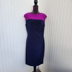 Chaps Dress Women's Navy Purple 2-Tone Stretch Sheath Trim Side Pleat Sz XL - Picture 1 of 13
