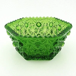 Cuenco de vidrio vintage L E Smith margarita y botón verde esmeralda borde hexagonal diente de sierra - Imagen 1 de 10