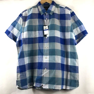 Perry Ellis Shirt Mens XL Short Sleeve Blue Buffalo Check Fine Linen Blend $75 - Picture 1 of 5