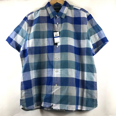 Perry Ellis Shirt Mens XL Short Sleeve Blue Buffalo Check Fine Linen Blend $75 - Image 1 of 4