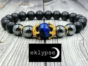 Bracciale Uomo 8"L Corone Oro 10mm Onice+Occhio di Tigre Blu+Ematite Gemma Perline - Foto 1 di 8