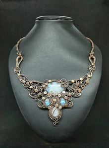 Rainbow Moonstone Necklace Copper Wire Wrapped Handmade Adjustable Gift Necklace - Picture 1 of 7