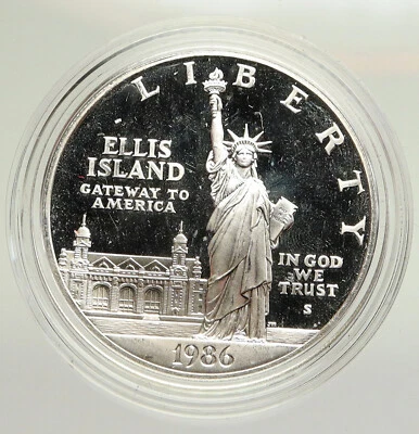 1986 S UNITED STATES Ellis Island Statue Liberty Proof Silver Dollar Coin i94834 - Image 1 of 3