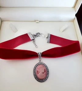 Vintage Cameo choker Victorian necklace, Red velvet choker,Sexy Gothic choker  - Picture 1 of 4