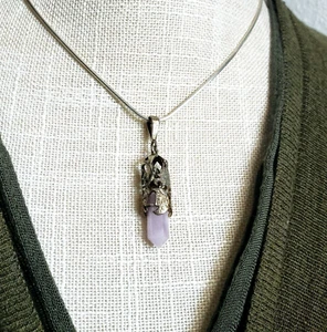 Vintage 925 Sterling Silver ROSE QUARTZ Crystal Pendulum Pendant Moon Star Witch - Picture 1 of 8