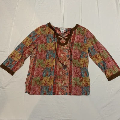 Caribbean Joe Woman’s Paisley Pink Top 3/4 Sleeve Small Bohemian  - Image 1 of 4