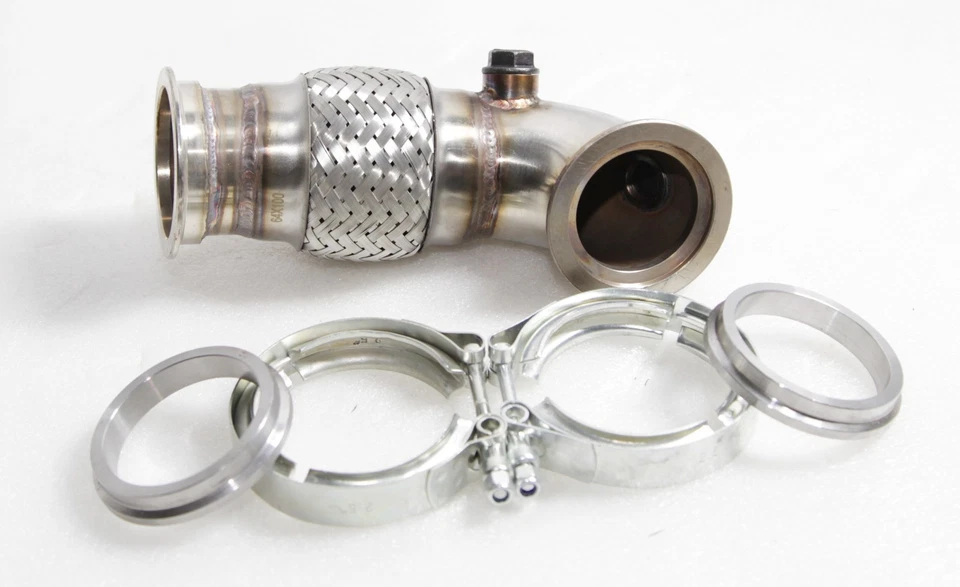 2pc Universal 90 Deg 3"id V-band to Vertical T3 Flange SS Elbow Adapter Downpipe