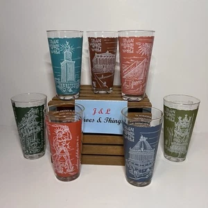 Vintage 7 Wonders Of The World Set of 7 MCM Highball Glasses Complete EUC - Picture 1 of 19