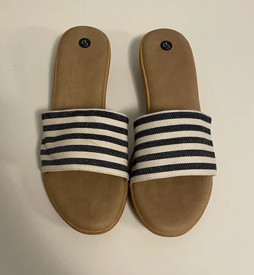 Vestido Granero Talla 10 Sandalia Deslizable Azul Marino Rayas Sin Cordones Nuevo con Etiquetas Foto 1 de 4