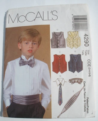 McCalls 4290 Boys Lined Vests Cummerbund Bow Tie Necktie Sewing Pattern 3-6 UC - Image 1 of 2
