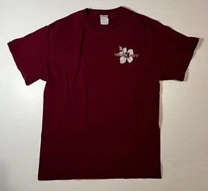 TRADER JOE'S Official Hibiscus Logo Maroon Staff Work T-Shirt Size Medium - Picture 1 of 10