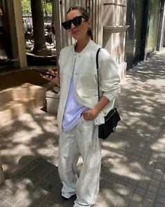 ZARA WHITE LINEN BLEND LONGLINE OVERSIZED BOMBER JACKET SIZE 8-10 XS 7997/709 - Picture 1 of 13