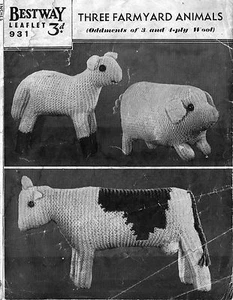 Farmyard animals; cow, pig and lamb toy knitting pattern. Laminated copy. - Picture 1 of 1