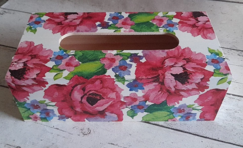 Flowers Rectangular Long Tissue Box Cover Handcrafted wooden decoupaged - Image 1 of 1