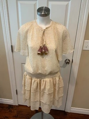 Vestido de crepé floral crema y púrpura Rebecca Minkoff con borla, talla XS Foto 1 de 4