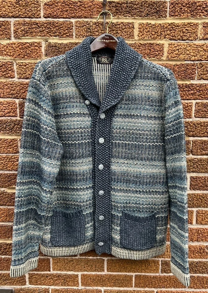 $1190 New RRL Ralph Lauren Hand Knit Cardigan Navy Striped Men's Size Large L - Image 1 of 4