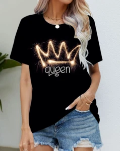 Blusa Camiseta Mujer Negro Reina Corona Gráfico Moda Manga Corta Sedoso Suave - Picture 1 of 1