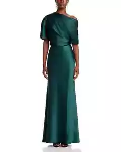 AMSALE Hunter Green Draped Satin One Shoulder Asymmetric Maxi Gown Dress 4 US S - Picture 1 of 7