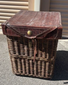 STILES BROTHERS LARGE SAFARI RATTAN WICKER & LEATHER GONDOLA BASKET TRUNK BAUER - Picture 1 of 10