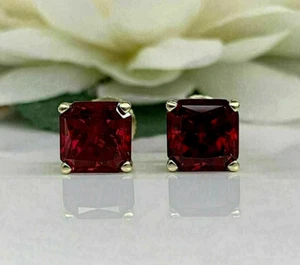 2Ct Asscher Cut Lab Created Garnet Solitaire Stud Earring 14K Yellow Gold Plated - Picture 1 of 7