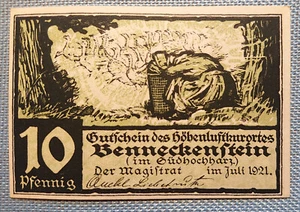Cupón de dinero de emergencia 10 Pf. Balneario de aire de altura Benneckenstein Südhochharz julio 1921 - Imagen 1 de 2