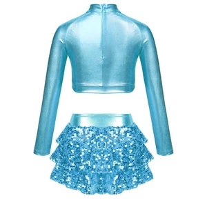 Kids Girls Dancewear Ballerina Crop Top With Culottes Shiny Sequins Mock Neck - Picture 1 of 61