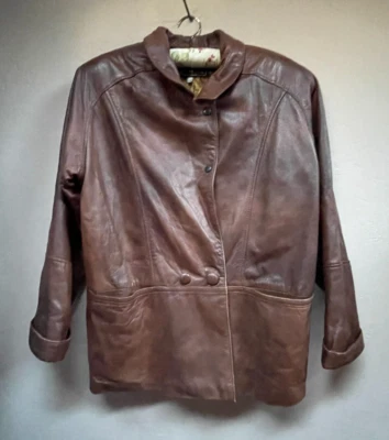 Blazer Vera Pelle Mujer Chaqueta Cuero Marrón Talla 46 Botón Delantero Manga Larga Foto 1 de 4