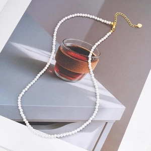 White Pearl Smooth Rondelle 3-4MM Gemstone Beaded Handmade Choker Necklaces 24" - Picture 1 of 10