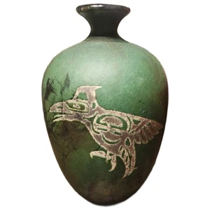 Raku Pottery Vase – Northwest Coast Style Bird Design – Green Studio Art – 8” - Picture 1 of 9